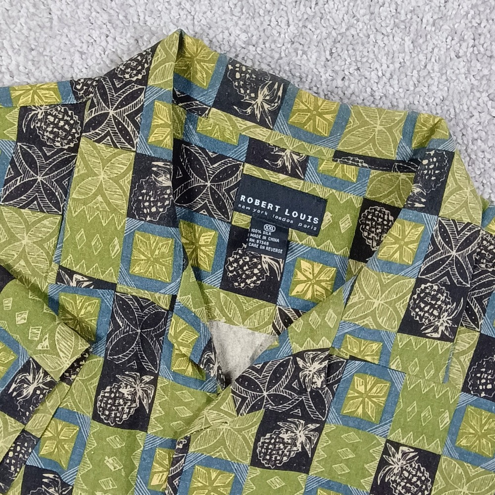 Robert Louis 100% Silk Shirt Mens‎ XXL Green Black Blue Pineapple Aloha Hawaiian